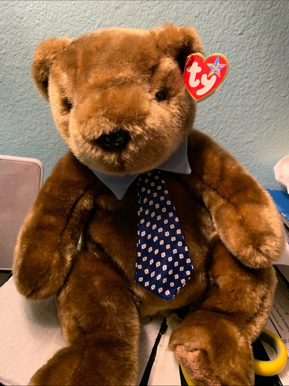 Ty “Hero” Fathers Day Brown Plush Bear with Blue Tie 14-in